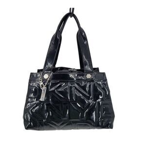 Vtg 90s‎ Y2K Black Patent Leather Logo Quilted Shoulder Tote Bag Purse Trending